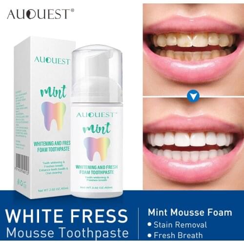 AuQuest Teeth Whitening For Toothpaste Stain Removal 60ml Mint Mousse Foam Fresh Breath Cleaning Women Men Whitener Toothpaste