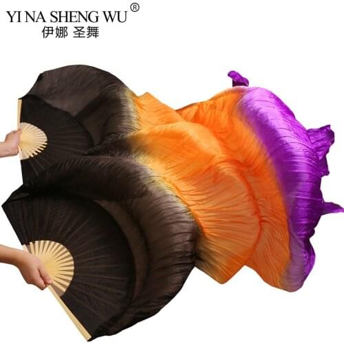 High Quality 1 Pair Real Silk/Imitation Silk Handmade Dyed Dance Fans Silk Unisex Belly Dance Fans Gradient Colors 180x90cm