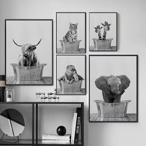 Abstract Animal Bathtub Poster Elephant Giraffe Lion Cow Nordic Wall Art Print Canvas Pictures for Interior Paintings Home Decor