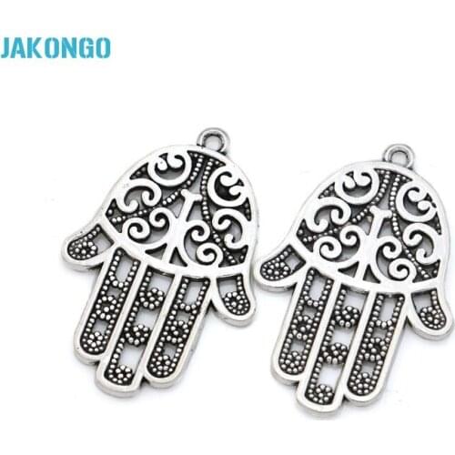 Antique Silver Plated Hamsa Hand Charms Pendant fit Jewelry Making Bracelet Findings Accessories DIY Craft 35x25mm