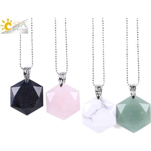 CSJA Faceted Hexagonal Natural Gem Stone Necklaces & Pendants Opal Lapis Lazuli Pink Quartz Tiger Eye Chakra Reiki Jewelry E643