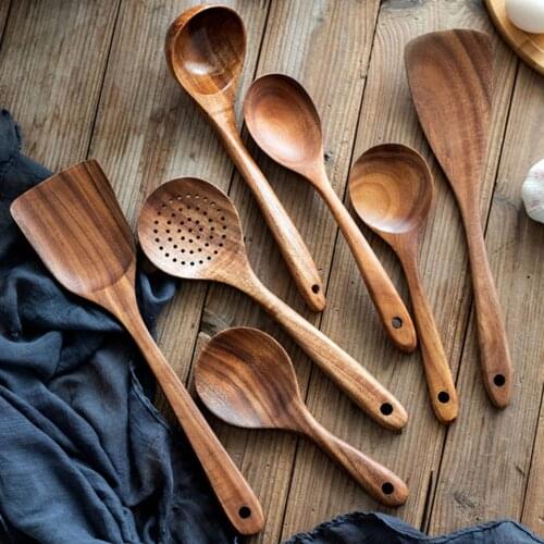 MSJO Natural Teak Wooden Cooking Utensils Spatula Non-stick Kitchenware Large Soup Spoon Rice Colander Skimmer Cooking Spoons