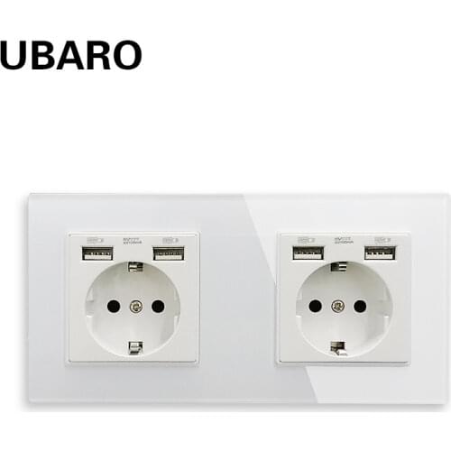 UBARO 172*86 German Standard Crystal Tempered Glass Usb Priz Socket Enchufe Pared Outlet Presa Electrical Sockets AC100-250V
