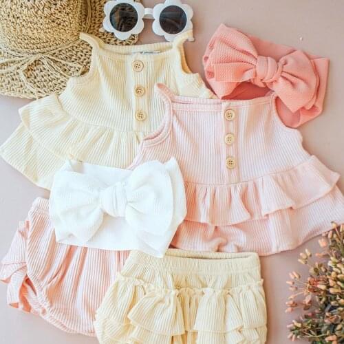 FOCUSNORM 2Pcs Newborn Baby Girls Boys Ruffled Outfits Sleeveless Solid Spaghetti Strap Button Tank Top + Shorts