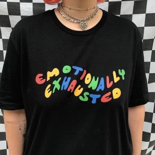 Hahayule 2018 Emotionally Exhausted Colorful Printed T-Shirt Unisex Tumblr Grunge Black Tee Cute Summer Tops Street Casual Wear