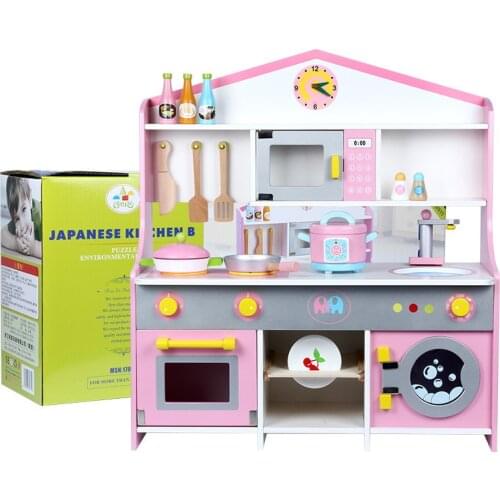 Play Kitchen for Girl Wooden Simulation Kitchen Stove Microwave Oven Washing Machine Tableware Toys for Kids Birthday Gifts