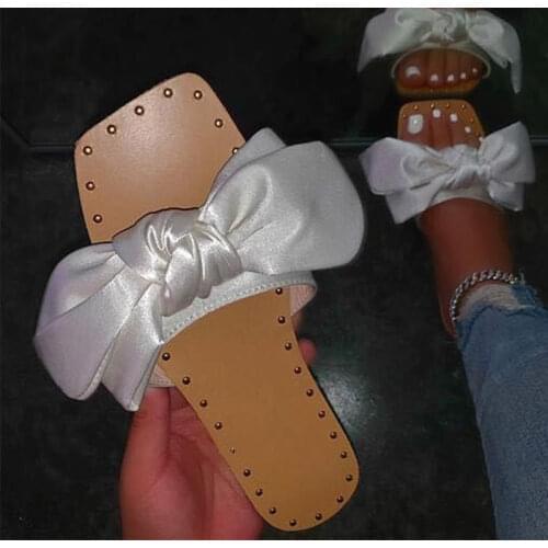 Summer Women Bowtie Slippers Womens Silk Flat Woman Rivet Ladies Open Toe Slides New Female Non Slip Elegant Shoes Plus Size