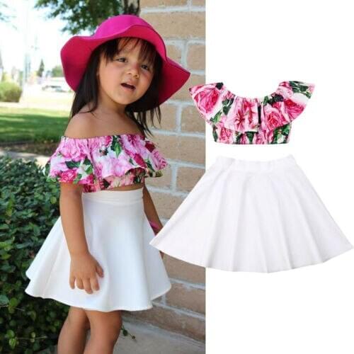 Summer Toddler Baby Girl Clothes Beachwear 2Pcs Outfits Summer Clothes Off Shoulder Flower Print Ruffle Crop Tops Mini Skirt
