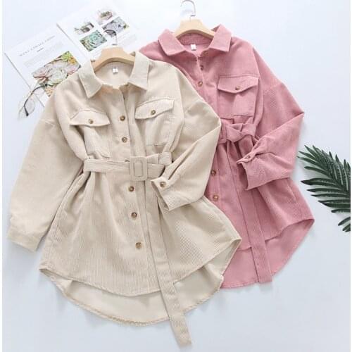 Fashion Long Blouses Women Oversize Solid Color Corduroy Turn Down Collar Loose Shirt Dress blusas mujer de moda 2021