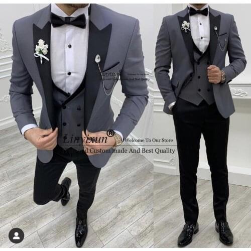 New Grey Costume Slim Fit Men Suits Black Pant Slim Fit Groom Tuxedos for Formal Wedding Suit Jacket Pant Vest 3 Pieces Blazer