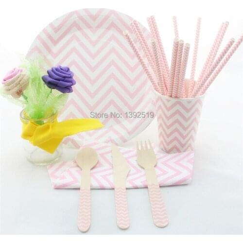 Wholesale 300sets/2100pcs Party Tableware Set , Lovely Baby Pink Color Paper Straw Plate Cup Napkin Wooden Fork Knife Spoon