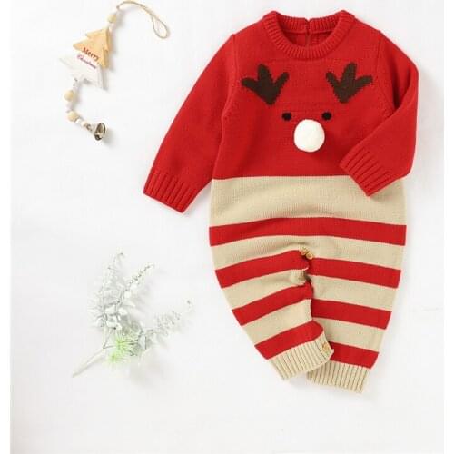 Baby Girl Boy Winter Christmas Romper, Xmas Long Sleeve Round Neck Buttons Knitting Jumpsuit for Casual Party Street, 0-18Months