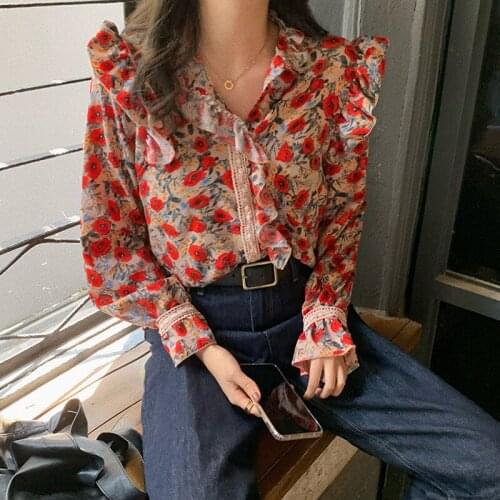 Floral Collar Long Sleeve Shirt Womens Shirts Ulzzang Japanese Kawaii Ladies Vintage Female Korean Harajuku Clothes For Women
