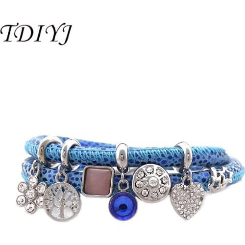 TDIYJ Fashion Shining Blue Genuine Leather Endless Bracelet Double Layers Bracelet with 7Pcs Crystal Story Charms 1Set