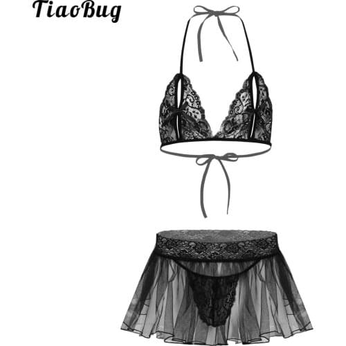 TiaoBug 2Pcs Mens Sissy See Through Sheer Lace Lingerie Set Halter Neck Nipple Split Bra Top Mini Flared Skirt With Briefs