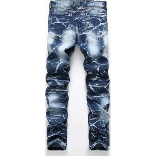 Vintage Biker Jeans Male Pleated Jeans Men Trendy Streetwear Straight Leg Denim Pants Stretch Trousers Motorcycle Fashion Retro