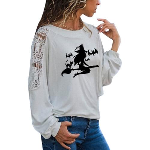 Flying Witch Black Cat For Halloween Black Bat Print Female T Shirt Funny Teeshirt Women Casual Long Sleeve Loose Lace Tops Tee