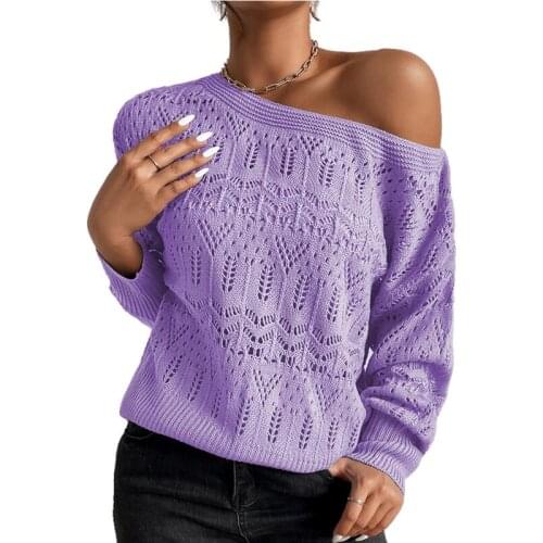 New 2021 Fashion Trend Women Knitted Sweater Autumn Winter Hollow Out Oblique shoul Long Sleeve Pullover Casual Knitted Sweater