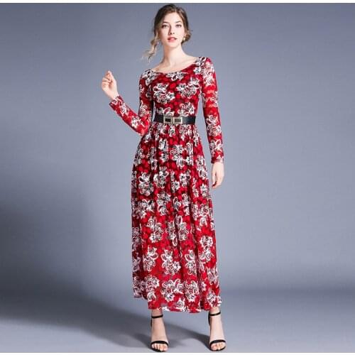 2020 New Womens Lace Maxi Dress Spring Autumn Large Size Red Black Blue O-Neck Long Sleeve Party Dresses Embroidered Vestidos