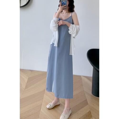 2021summer new suspender Solid color dress sexy sleeveless length foreign trade casual skirt