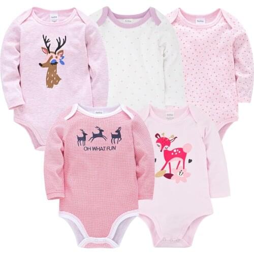 2021 Pink Baby Girl Bodysuit Lovely Cartoon Print 100% Cotton 5 Pcs/lot Newborn Bodysuits body bebe Long Sleeve Costume