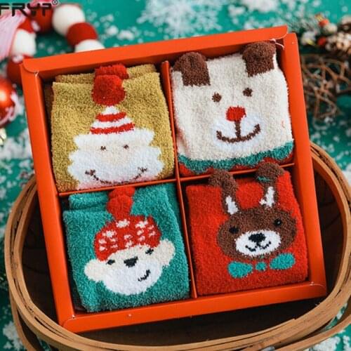 4Paris/Lot Womens Kawaii Socks High Christmas Box Xmas Deer Santa Xmas Claus Funny Thick Winter Sleep Socks For Girls 2021