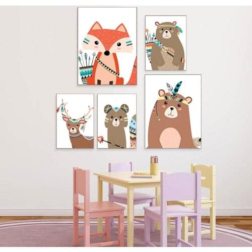 Watercolor Indian Animal Deer Bear Fox Art Canvas Poster Nursery Prints Cartoon Painting Wall Picture Nordic Baby Bedroom Decor