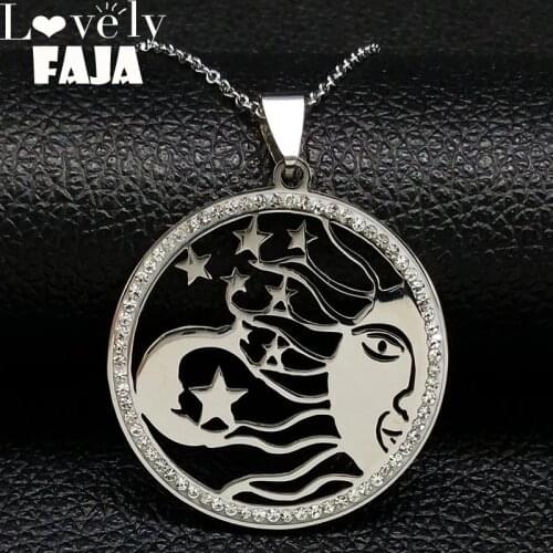 Astrology Medallion Celestial Moon Star Sun Stainless Steel Necklaces Women Silver Color Crystal Chain Necklaces Jewelry N18261