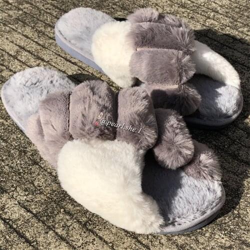 Designer Girl Fashion Fur Slippers Wholesale Faux Fur Cross Indoor Floor Slides Fuzzy Slides