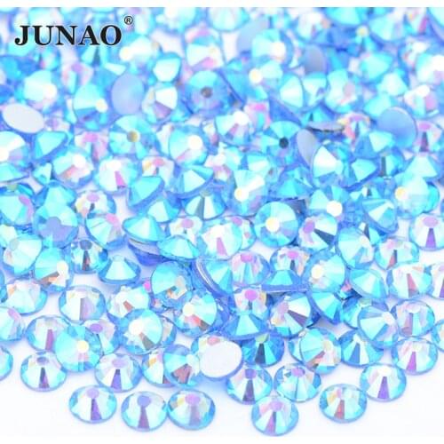 JUNAO SS16 SS20 SS30 Glitter Light Blue AB Glass Crystal Rhinestone Flat Back Glass Stone Non Sewn Round Strass For Dress Shoes