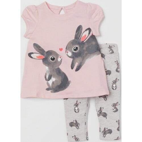 2PCS Set Cotton Outfits Summer Baby Girls Clothes Sleeveless Cartoon Rabbit Print T-shirt+Pant Toddler Kids Children Clothes