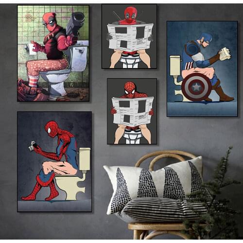 Marvel Avengers Superhero Character Read Magazine In The Toilet Painting Canvas Posters Prints Bathroom Decor Wall Art Picture
