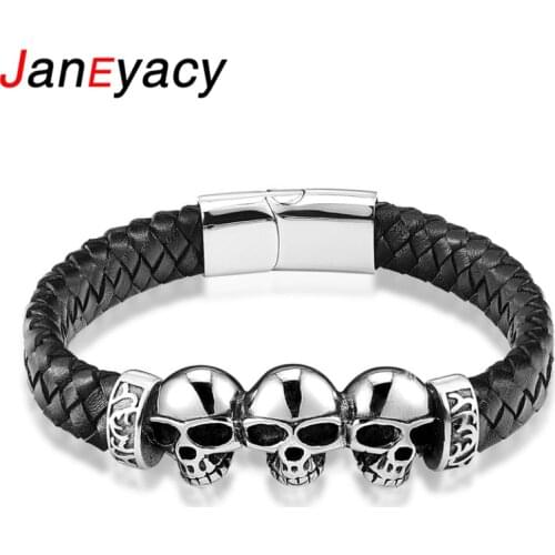 Fashion Braided Black Leather Bracelets Skull Bracelet Punk Stainless Steel Magnetic Buckle Men Bangles Christmas Gift Preferred