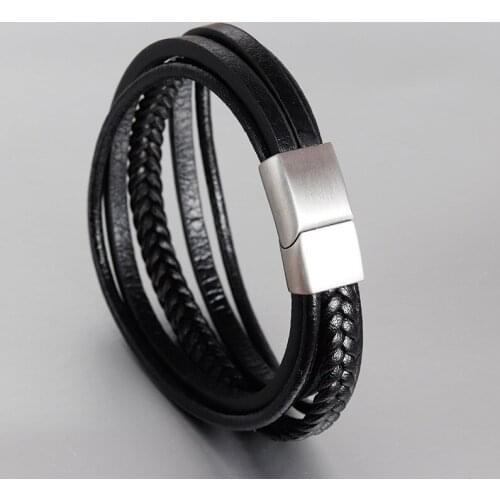 Men Jewelry Genuine Braided Leather Bracelet 316L Stainless Steel Magnetic Clasp Fashion Bangles for Cool Boy