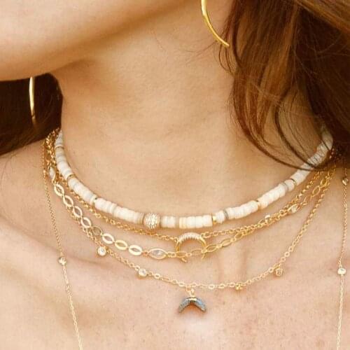 Shell beaded pave Cubic Zirconia disco ball Make Waves Layered 18k Gold Plated Crystal Necklace Set moon natural stone pendant