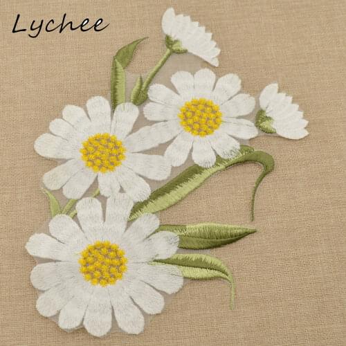 Lychee White Plants Chrysanthemum Flower Polyester Patch For DIY Sewing Children Clothes School Bag Badge Decoration