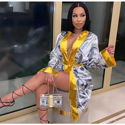 ZKYZWX Sexy Money Print Silk Sashes Pajamas for Women Home Fashion Elegant Long Sleeve V-neck Loose Bandage Casual Trench Coats