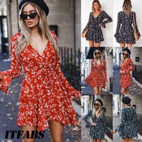 New Womens Long Sleeve Party Summer Floral Pretty Blue Green Red Pretty Beach Long Dress
