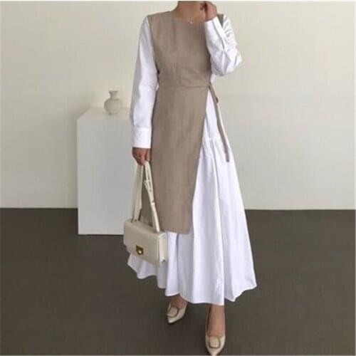 Autumn Maxi Dress for Ladies Solid Long Sleeve Womens Clothing Loose Fashionable Female Outfit French Style Patchwork