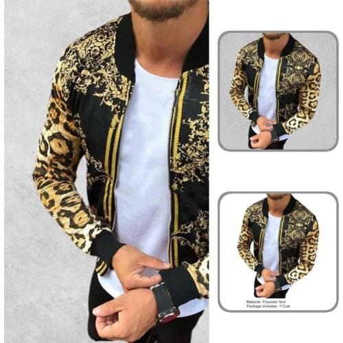 Casual Fashionable Men Leopard Print Zipper Coat Round Neck Men Coat Easy to Wash for Daily Wear