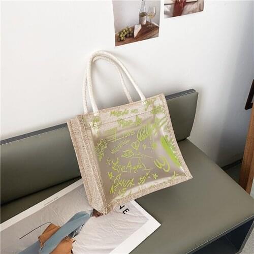 Transparent Graffiti Letter Handbags for Women 2021 New Style Cotton and Linen Shopping Bag Fashion Fresh Jelly Zipper Tote Bag