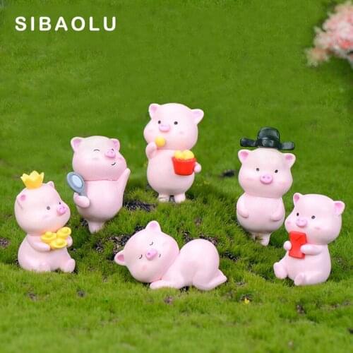 Pink Piggy brother sister cartoon animal model Figurine Dollhouse cake home decor miniature fairy garden decoration accessories