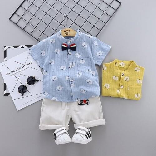 New Summer Baby Boys Gentleman Clothes Set Kids Girls Cartoon Print Bow Tie Shirt+Tooling Shorts Infant Toddler Fashion Outfits