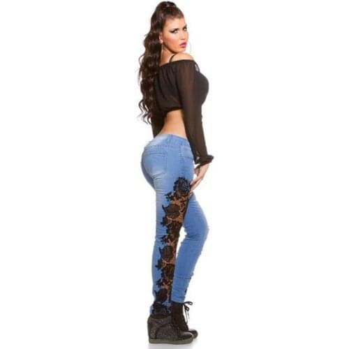 Sexy Womens low waist Lace washed Denim Jeans Hollow out Crochet jeans pencil Pants for women