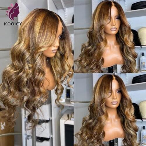 Blonde Brown Highlight Wave 13x4 Lace Front Human Hair Wigs 180% Density Brazilian Hair With Baby Hair Pre-Plucked For Women