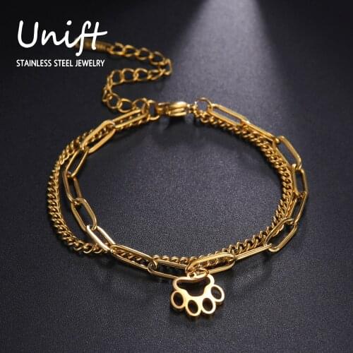 Unift Cute Pet Paw Bracelets&Bangles Pendant for Women Girls Double Layer Stainless Steel Chain Fashion Charm Jewelry Party Gift