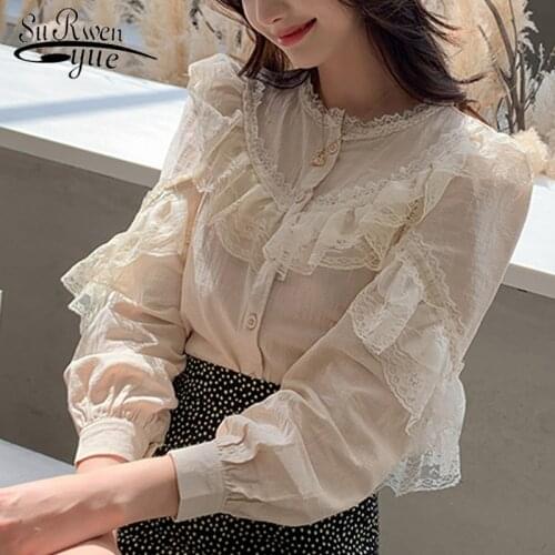 Spring Korean Loose Lace Chiffon Solid Womens Tops and Blouses Ladies Button Stand Tops for Women Shirts Blusas Femininas 8049
