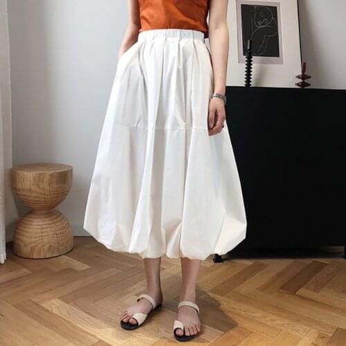 Spring Summer Brief Bud Skirt Retro Women Elastic Waist Loose Skirt Solid Pocket Ladies Cotton Casual Skirt White/Black/Purple