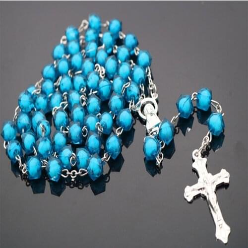 Blue crystal pearl necklace catholic rosary necklace holy place holy infant religious cross necklace men and women easter gifts