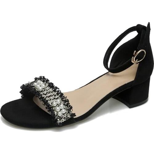 European Brand Cover Heels Shoes Woman Wedges Gladiator Sandals Thick Square Heels Flock Flipflops Pearl Beading Sandals Women